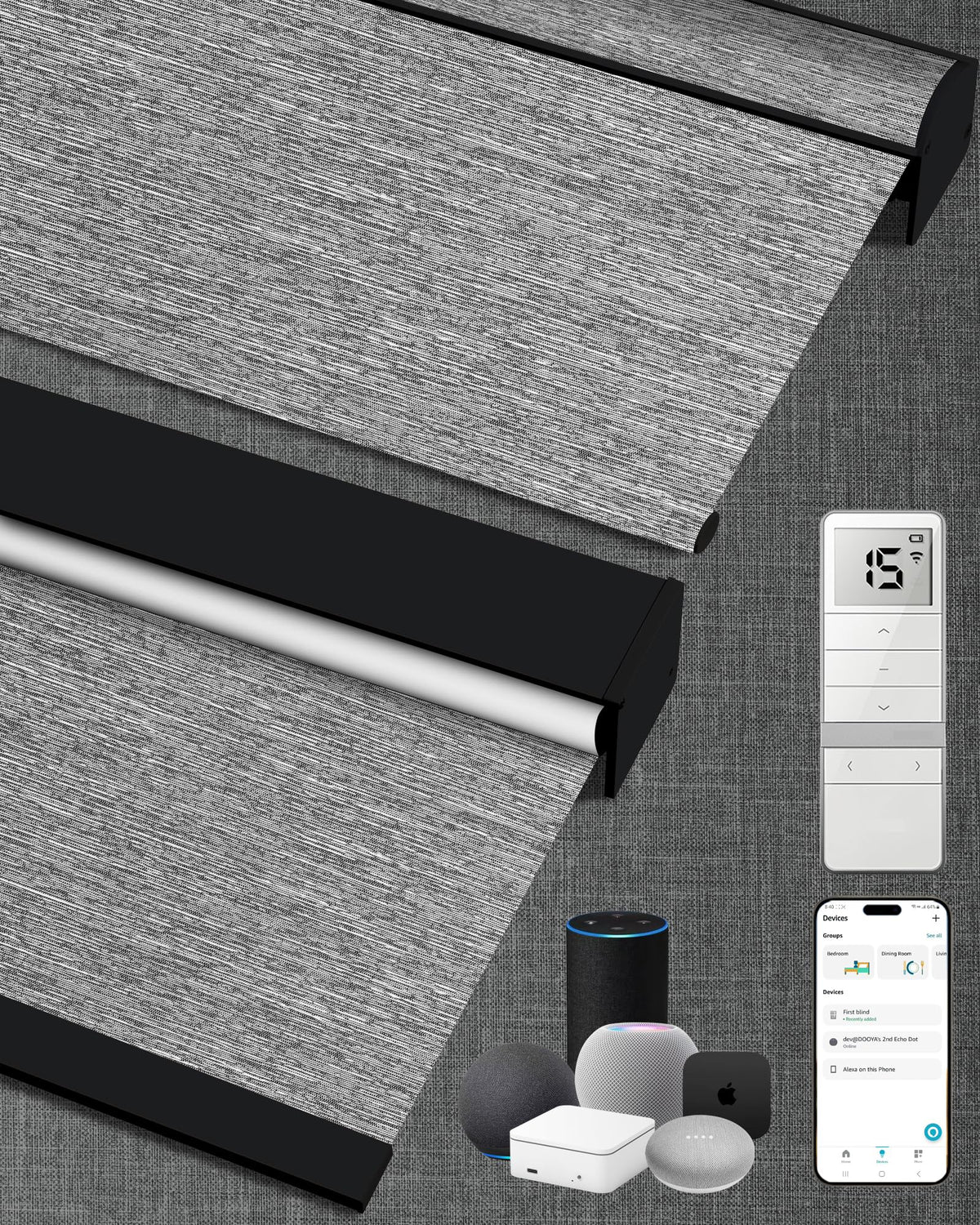 Kincmo custom motorized blackout roller blinds with remote and smart-home controls